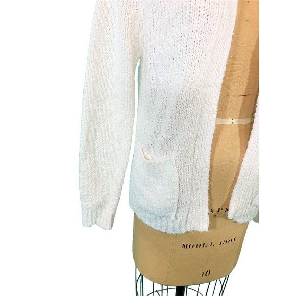 Vintage 1980s Chunky Cardigan Solid White Pocketed Open Sweater - Picture 7 of 10